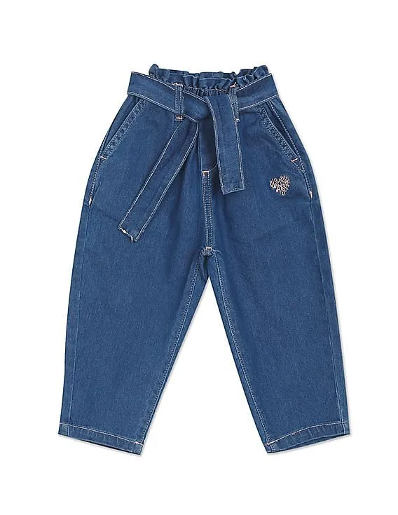 U.S. Polo Assn. Kids Girls Blue Mid Rise Solid Paperbag Waist Jeans