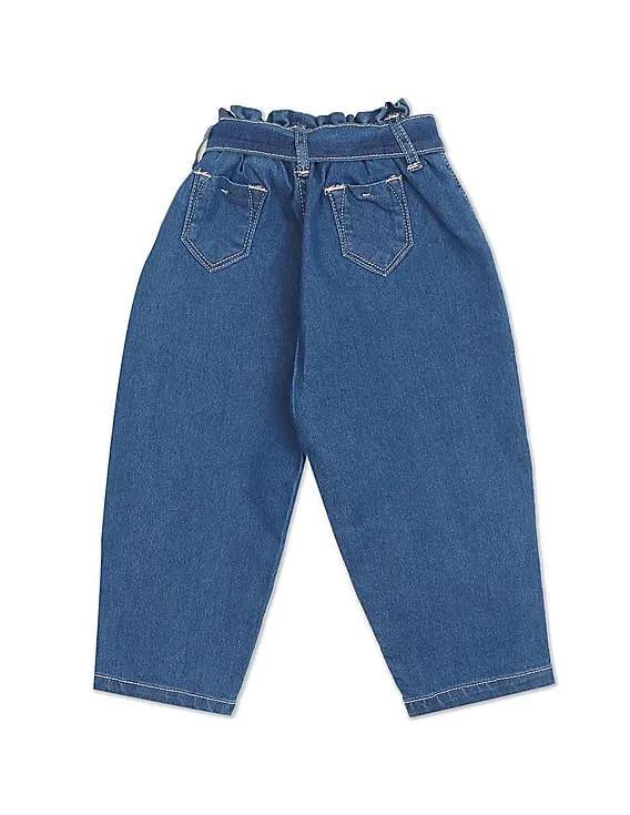 U.S. Polo Assn. Kids Girls Blue Mid Rise Solid Paperbag Waist Jeans