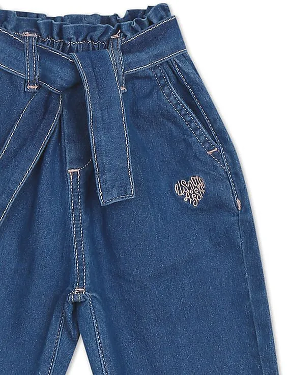 U.S. Polo Assn. Kids Girls Blue Mid Rise Solid Paperbag Waist Jeans