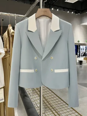 White and blue contrast stitching Korean style age-reducing suit jacket for women 2024 new spring and autumn British style small