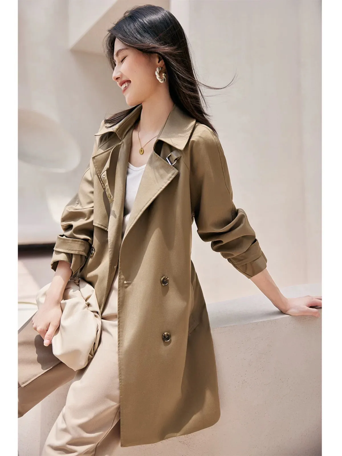 XWI/Xinwei Elegant Mid-Length Windbreaker Women's 2024 Autumn New Casual Commuting Double-breasted Jacket