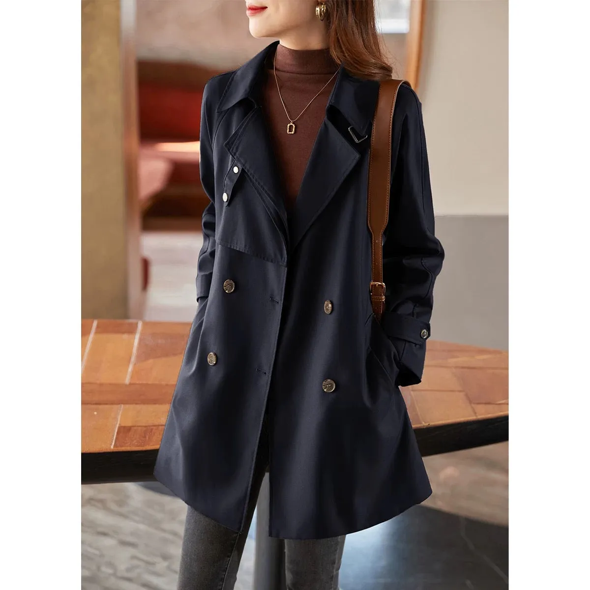 XWI/Xinwei Elegant Mid-Length Windbreaker Women's 2024 Autumn New Casual Commuting Double-breasted Jacket