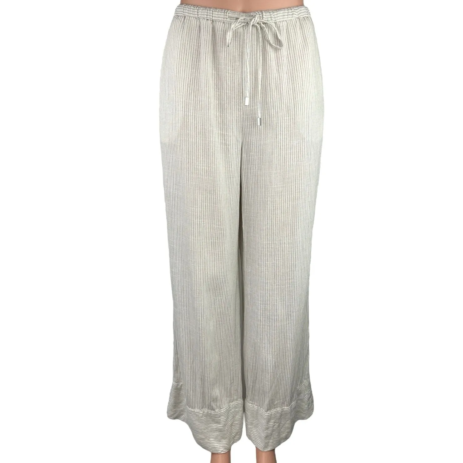 Zara White Linen Ribbed Knit Drawstring Lounge Beach Ankle Wide Leg Pants Size M